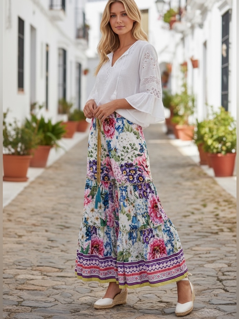 Aratta Silent Journey Ibiza Rose Floral Tiered Palazzo Pants Resort Wide Leg M